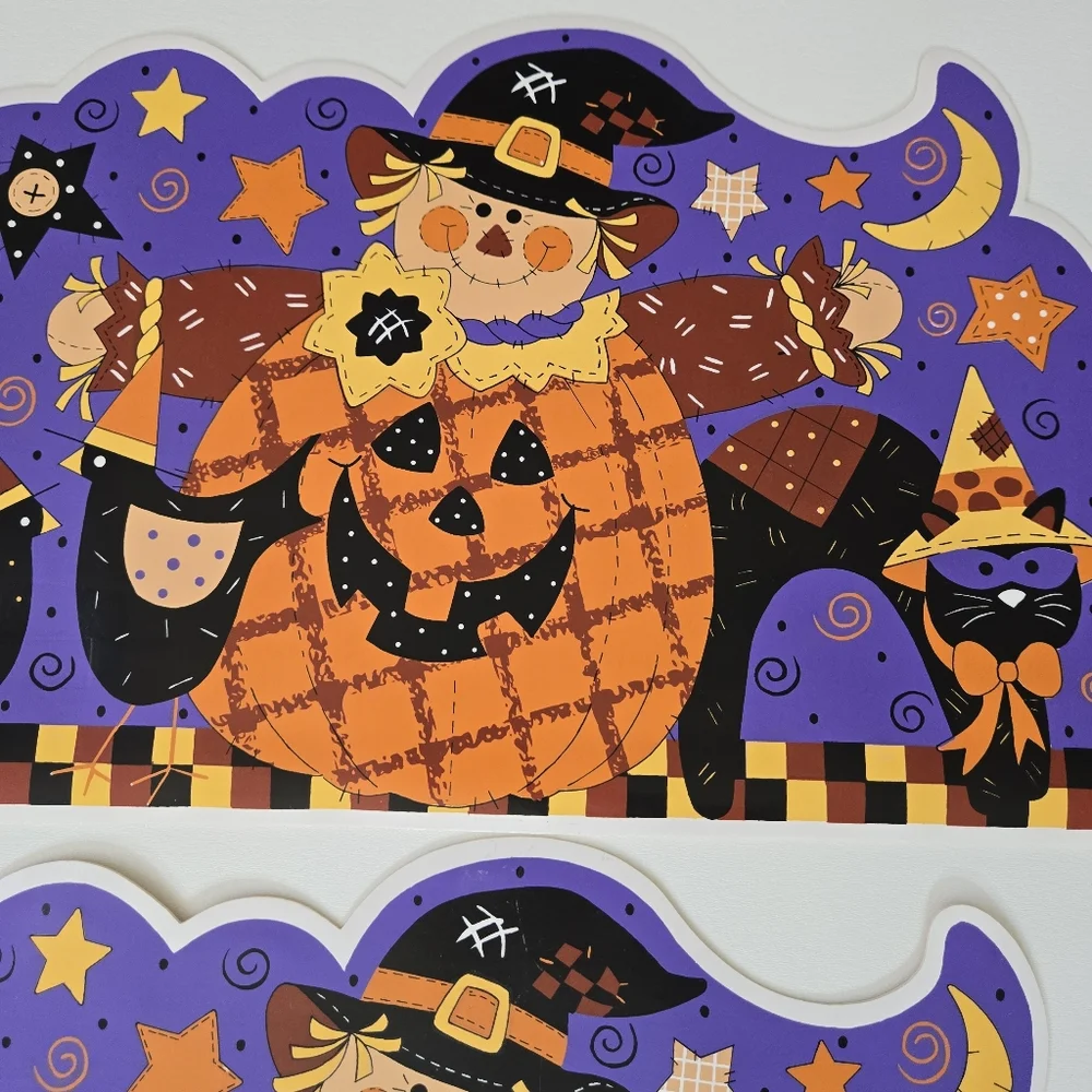 VTG Vinyl Happy Harvest Pumpkin Scarecrow Black Cat Farm Place Mat‎ Set of 2 90s